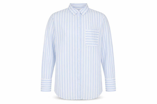 Front view of Marks & Spencer unisex adults blue striped cotton long sleeve shirt, size 16