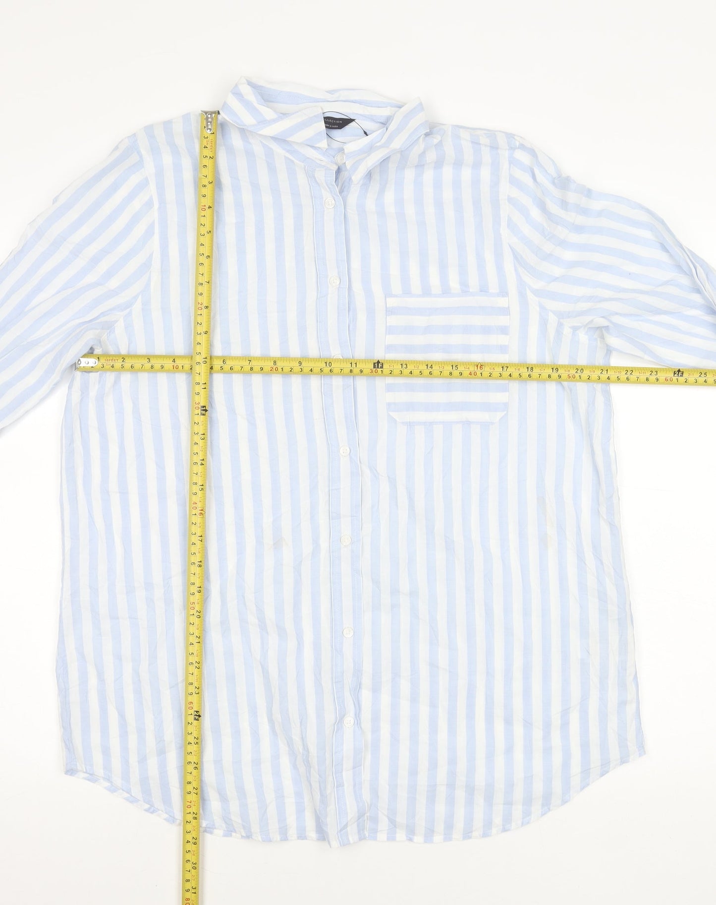 Marks and Spencer Unisex Adults Blue Striped Cotton Long Sleeve Shirt Size 16