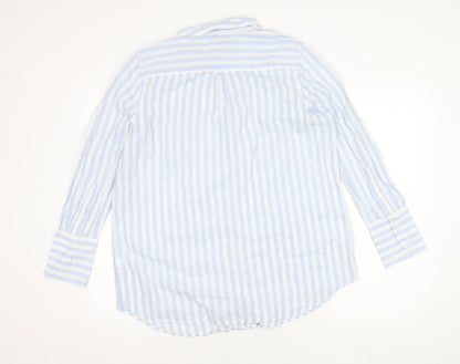 Marks and Spencer Unisex Adults Blue Striped Cotton Long Sleeve Shirt Size 16