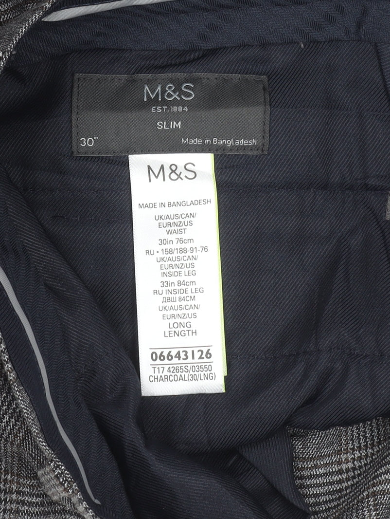 Marks & Spencer Men’s Grey Check Slim Fit Trousers 30W 33L