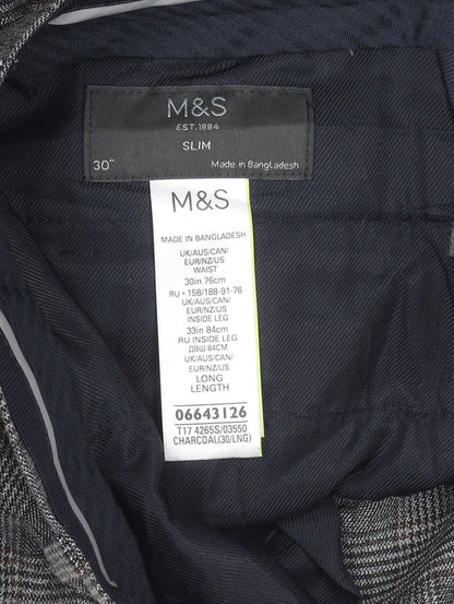 Marks & Spencer Men’s Grey Check Slim Fit Trousers 30W 33L