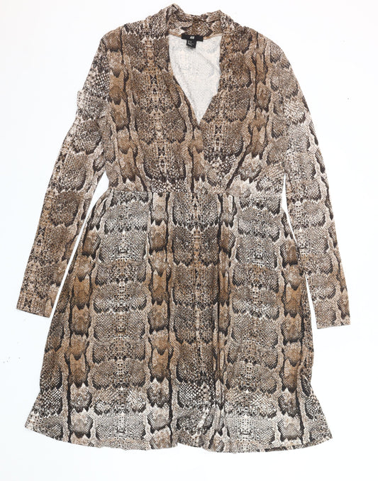 H&M Women’s Brown Snake Print A-Line Dress Size 12 Viscose Knit