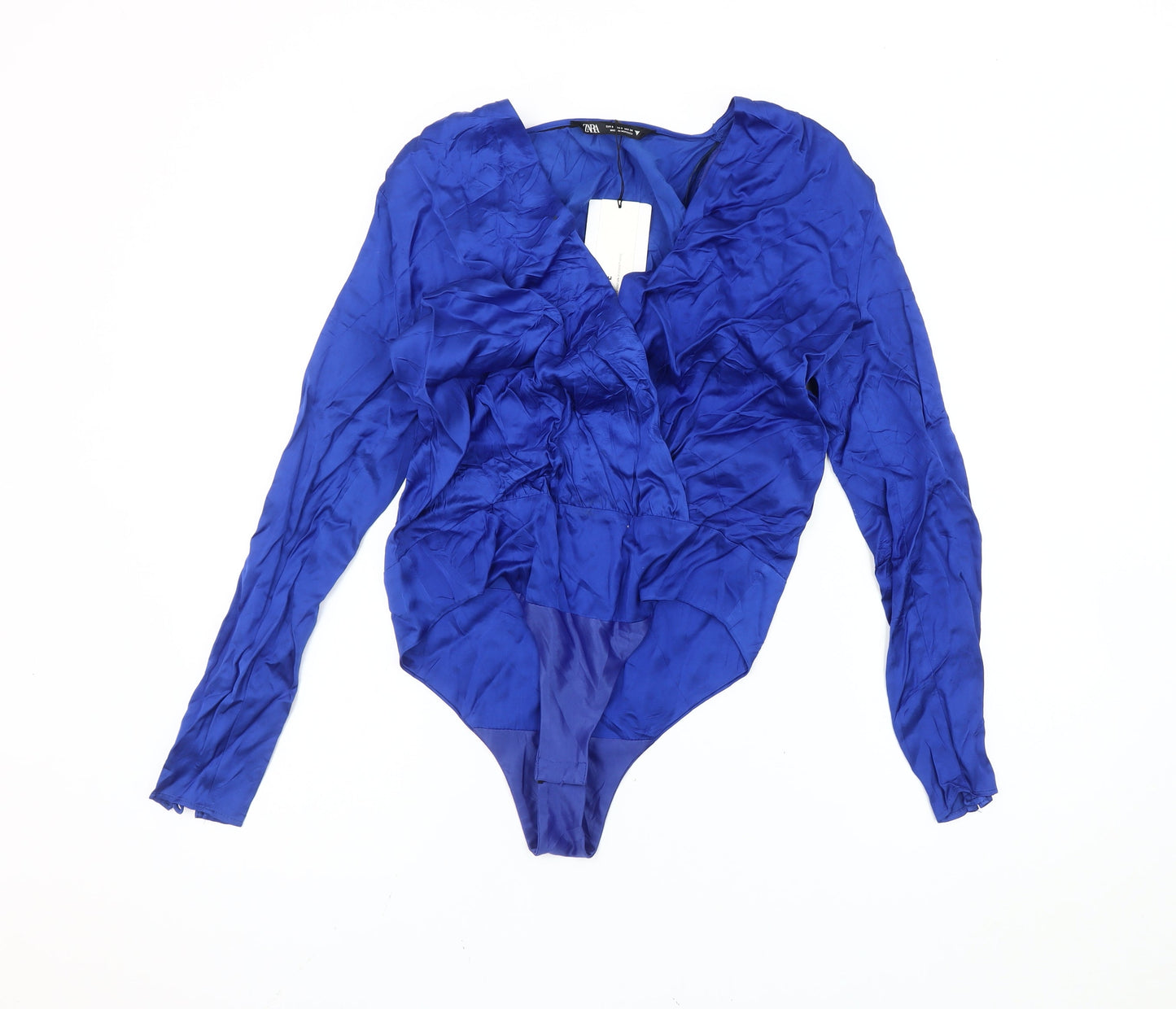 Zara Women Blue Size 8 Viscose Long Sleeve Ruffle Bodysuit Party