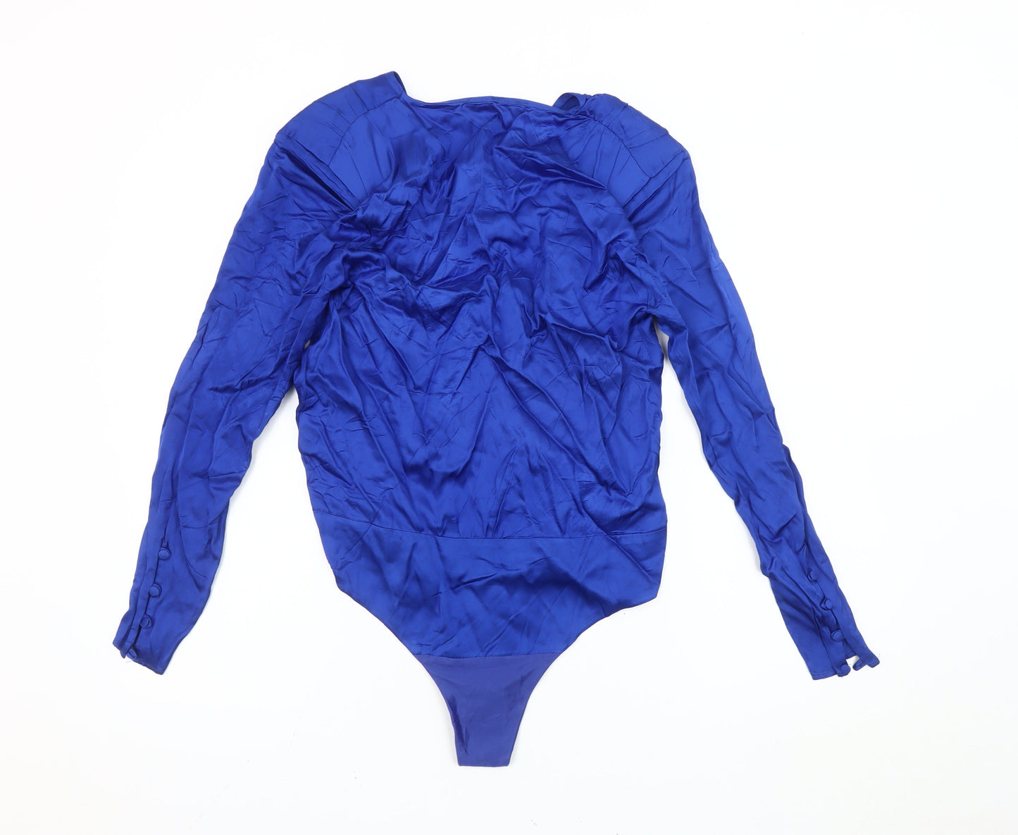 Zara Women Blue Size 8 Viscose Long Sleeve Ruffle Bodysuit Party