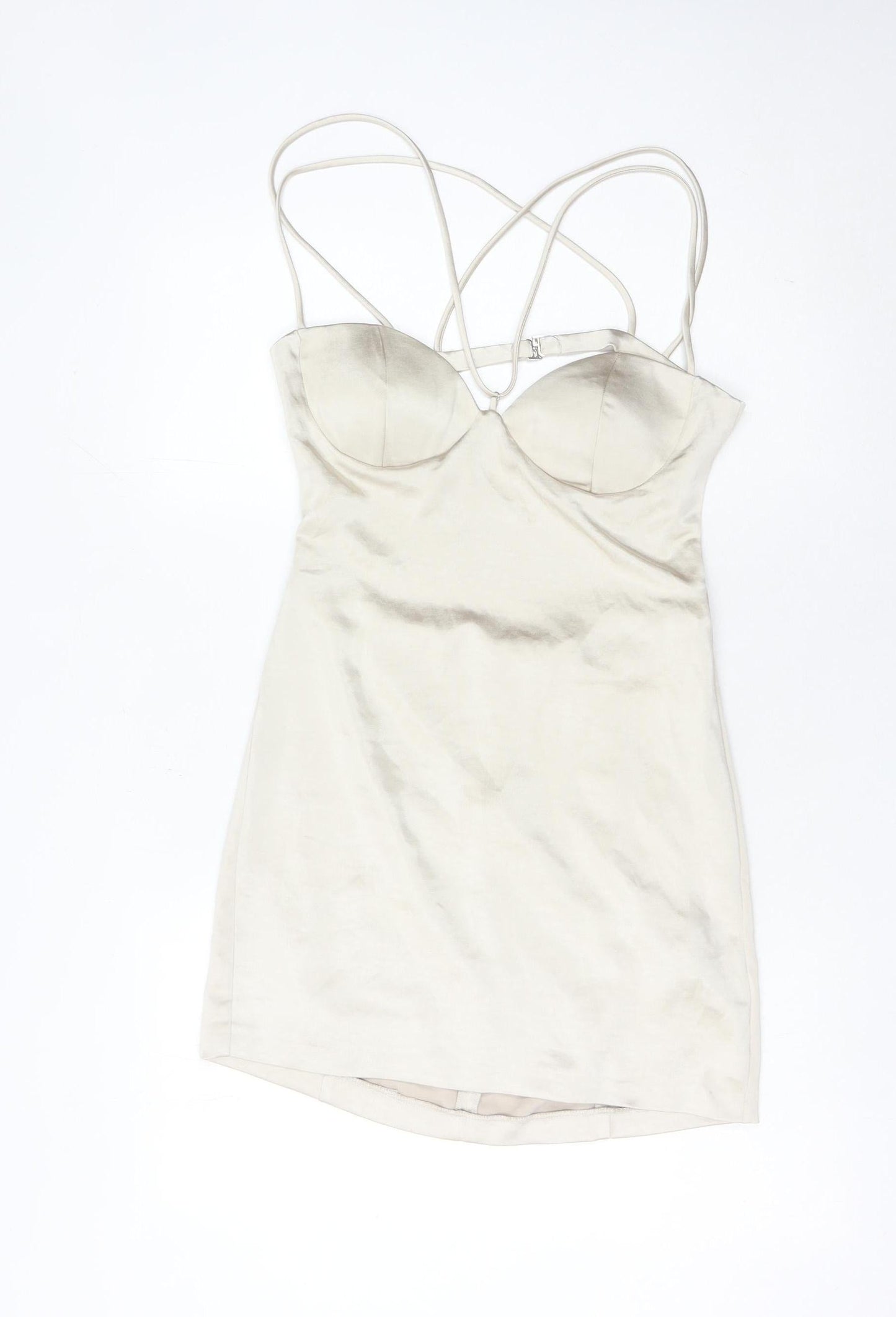 Zara Women’s Beige Slip Dress Size 12 Short Satin Sweetheart Backless