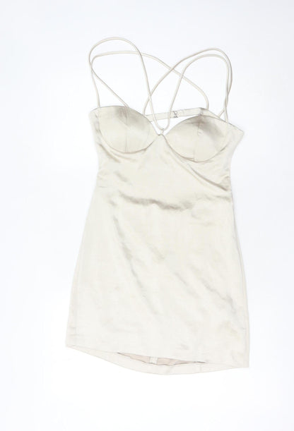 Zara Women’s Beige Slip Dress Size 12 Short Satin Sweetheart Backless