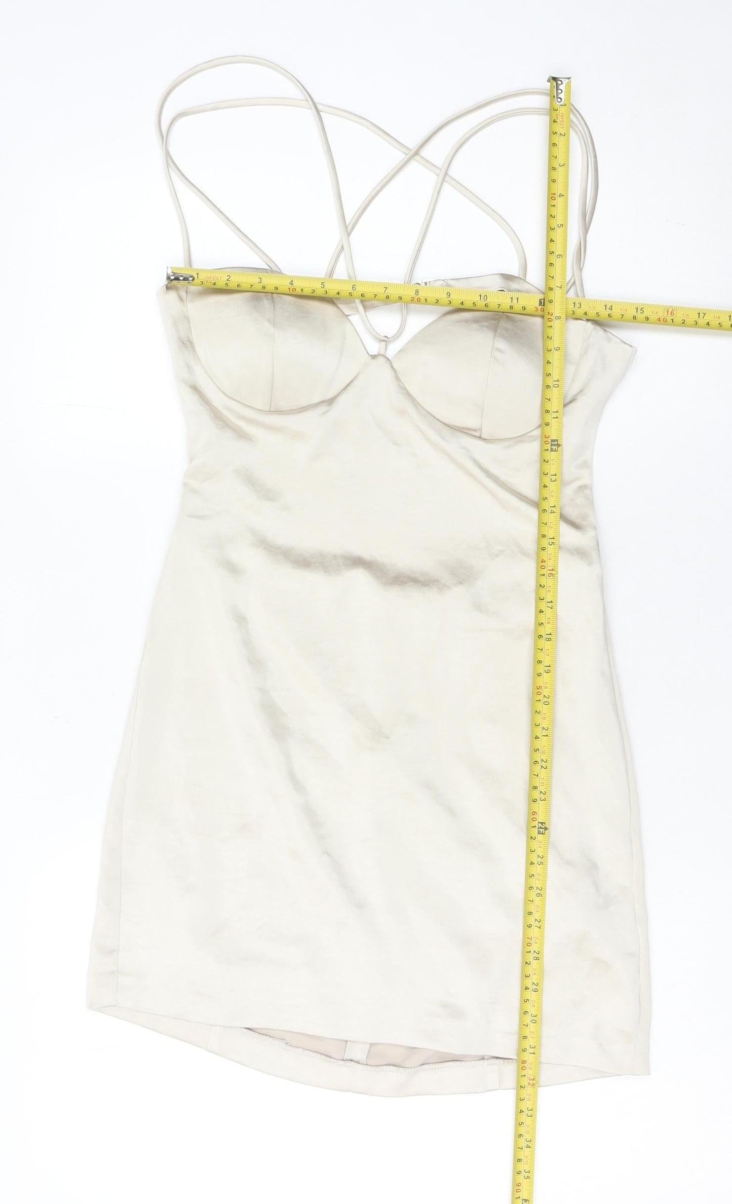 Zara Women’s Beige Slip Dress Size 12 Short Satin Sweetheart Backless