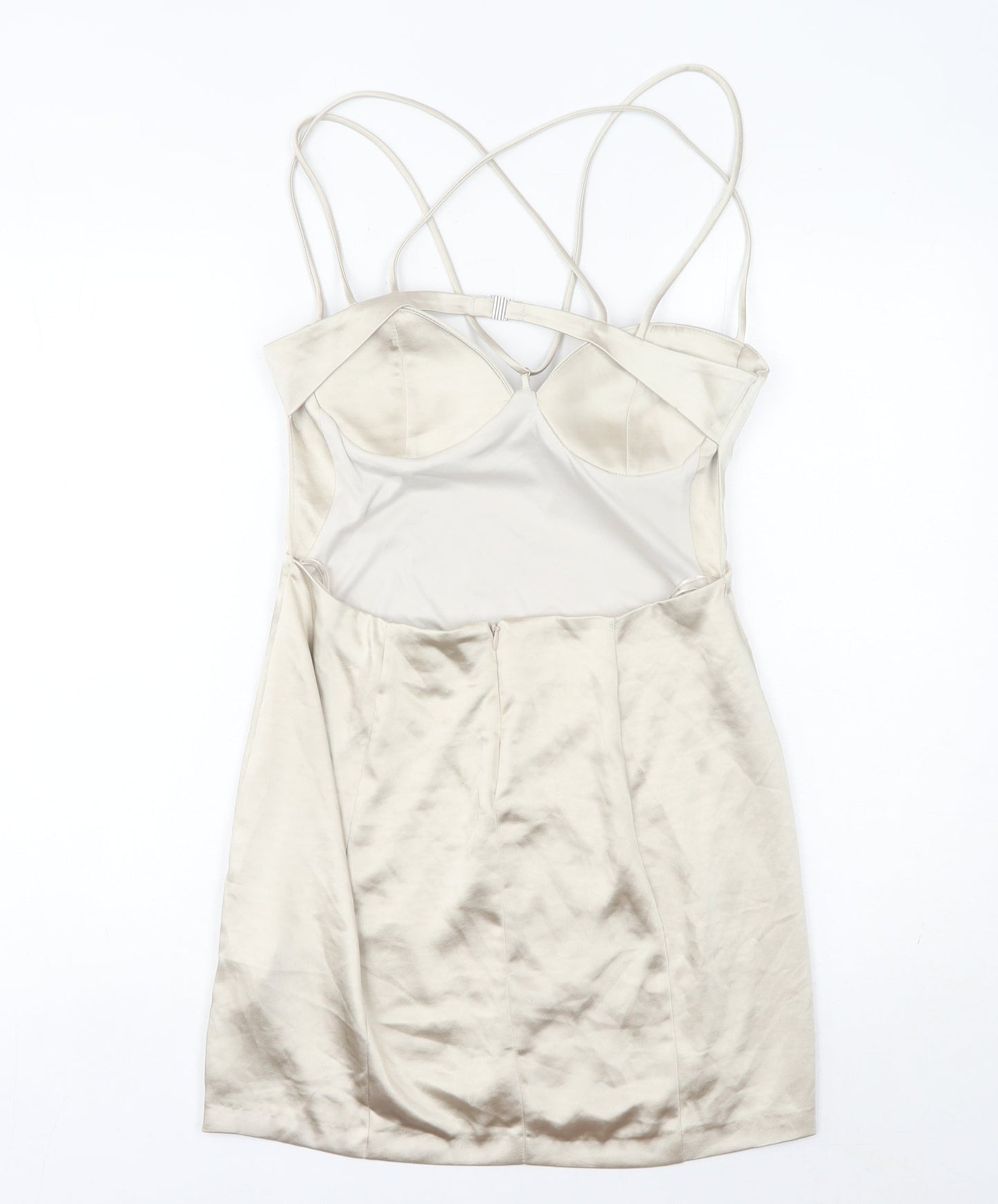 Zara Women’s Beige Slip Dress Size 12 Short Satin Sweetheart Backless