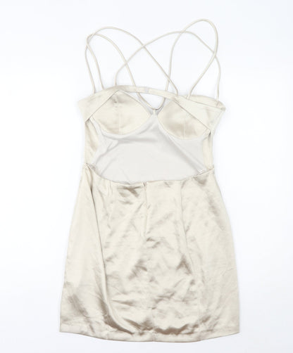 Zara Women’s Beige Slip Dress Size 12 Short Satin Sweetheart Backless