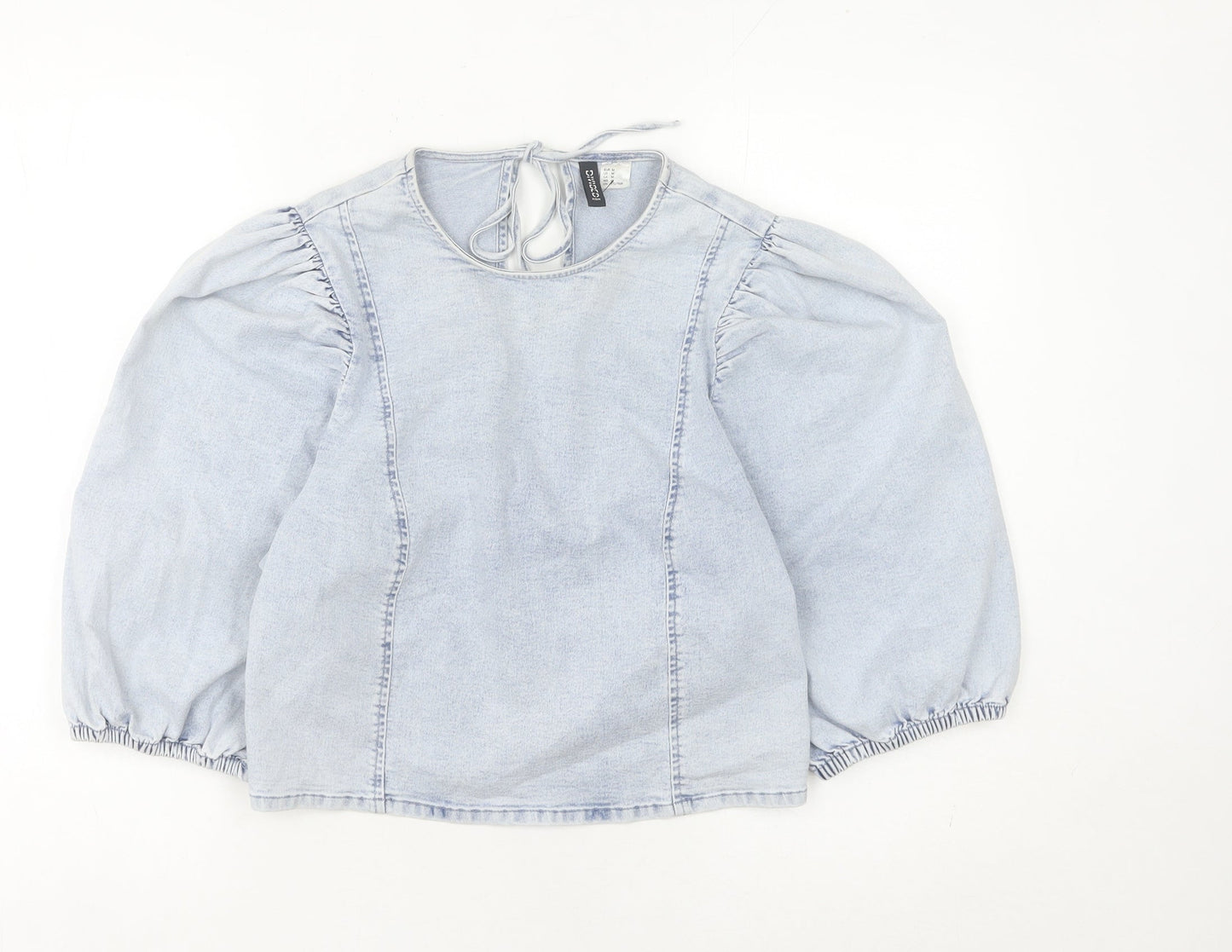 H&M Divided Womens Blue Denim Puff Sleeve Tie Back Blouse M