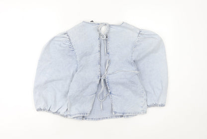 H&M Divided Womens Blue Denim Puff Sleeve Tie Back Blouse M