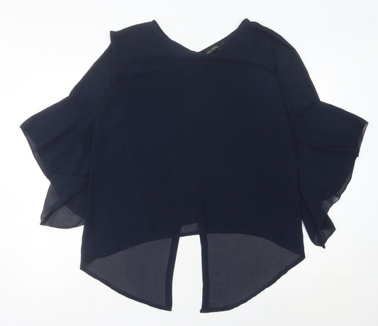 James Lakeland Women’s Blue Chiffon Tunic Blouse Size 14 V-Neck Flared Sleeve