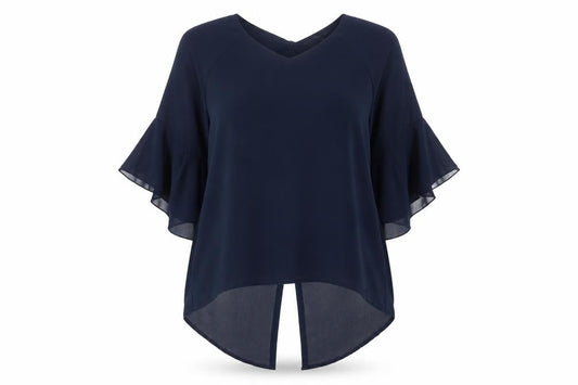 James Lakeland Women’s Blue Chiffon Tunic Blouse Size 14 V-Neck Flared Sleeve