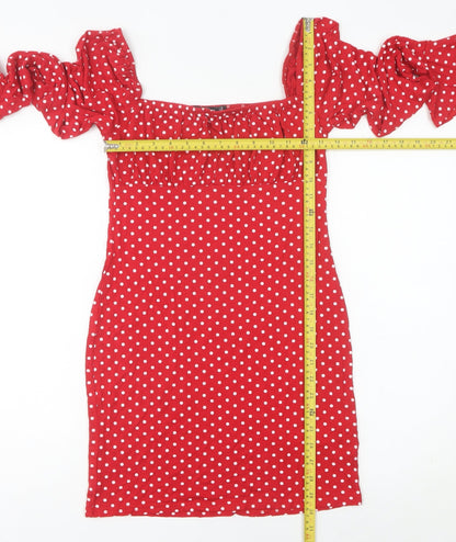Missguided Women’s Red Polka Dot Bodycon Dress Size 12 Long Sleeve Retro