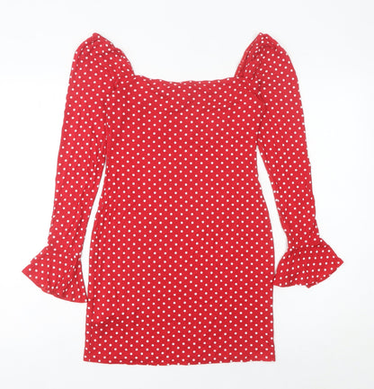 Missguided Women’s Red Polka Dot Bodycon Dress Size 12 Long Sleeve Retro
