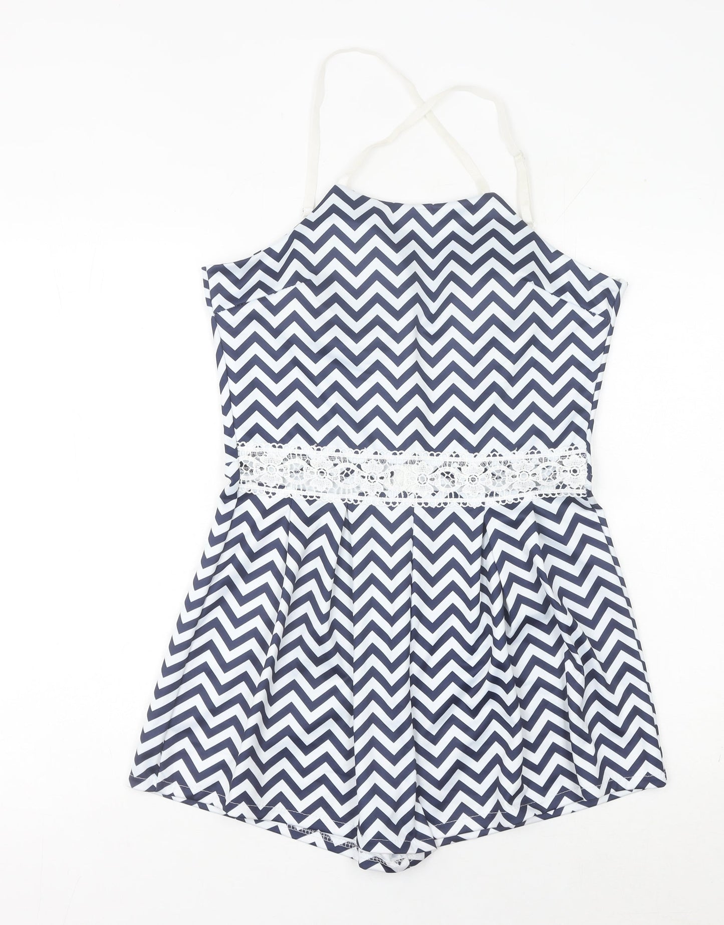Quiz Women’s Blue Chevron Lace Trim Halter Playsuit Size L