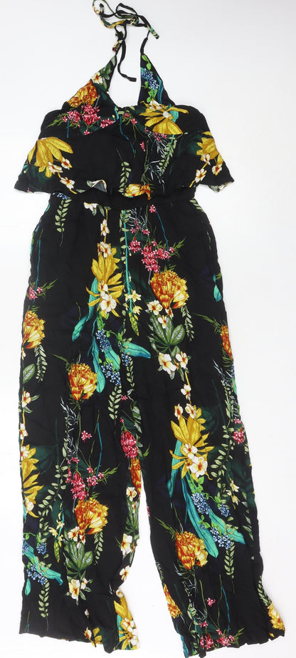 QED London Women’s Multicoloured Floral Halter Wide-Leg Jumpsuit S