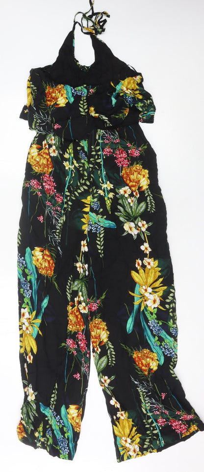 QED London Women’s Multicoloured Floral Halter Wide-Leg Jumpsuit S