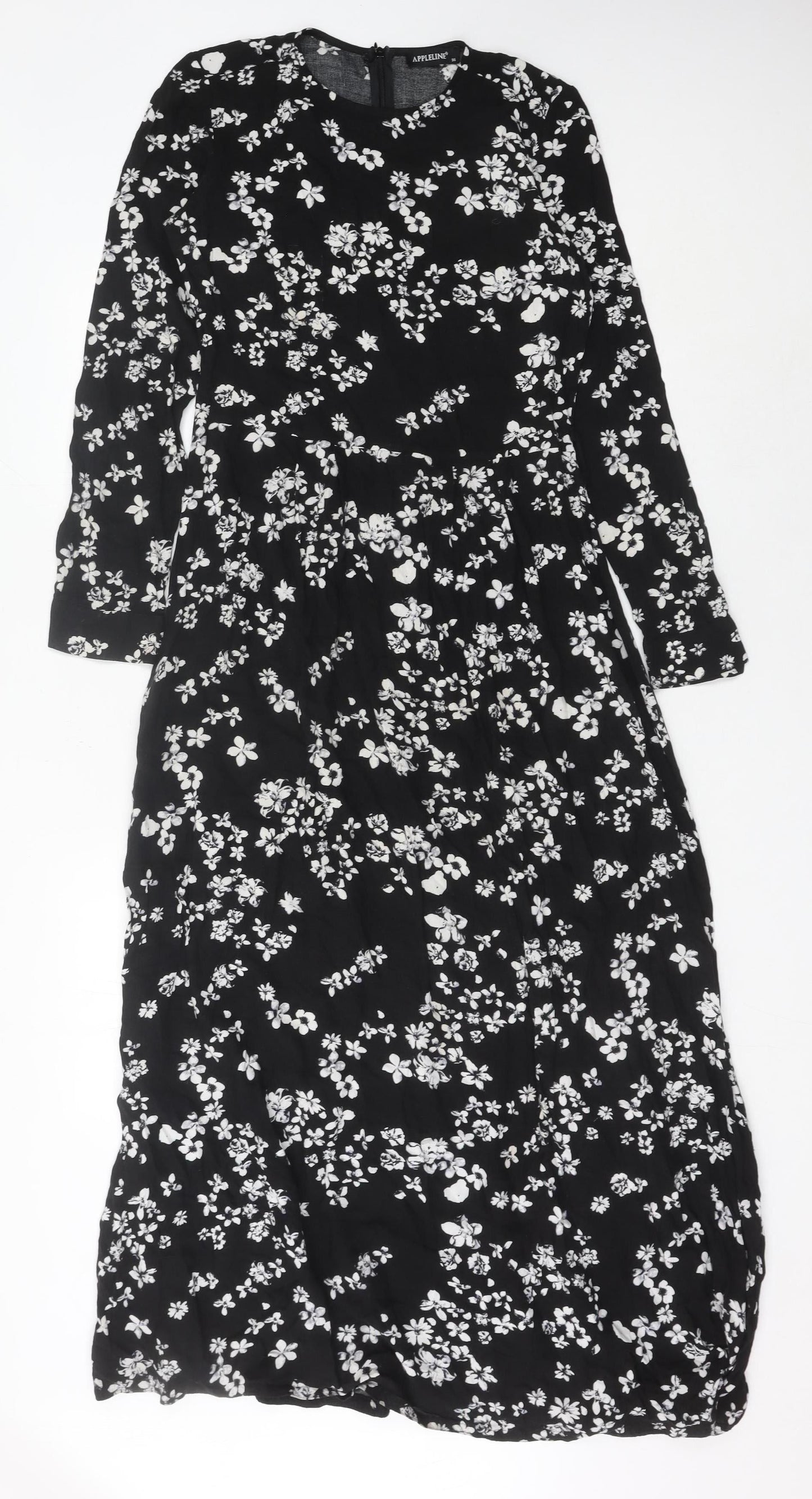 APPLELINE Women's Black Floral Midi A-Line Dress Size 8 Viscose