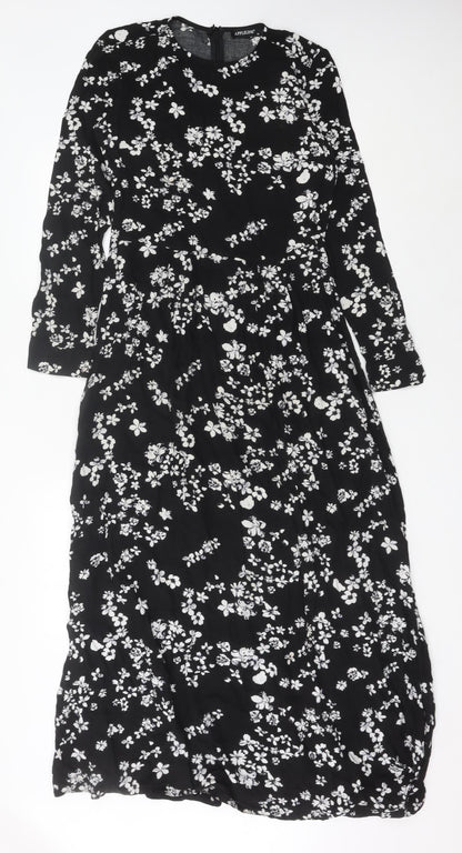 APPLELINE Women's Black Floral Midi A-Line Dress Size 8 Viscose