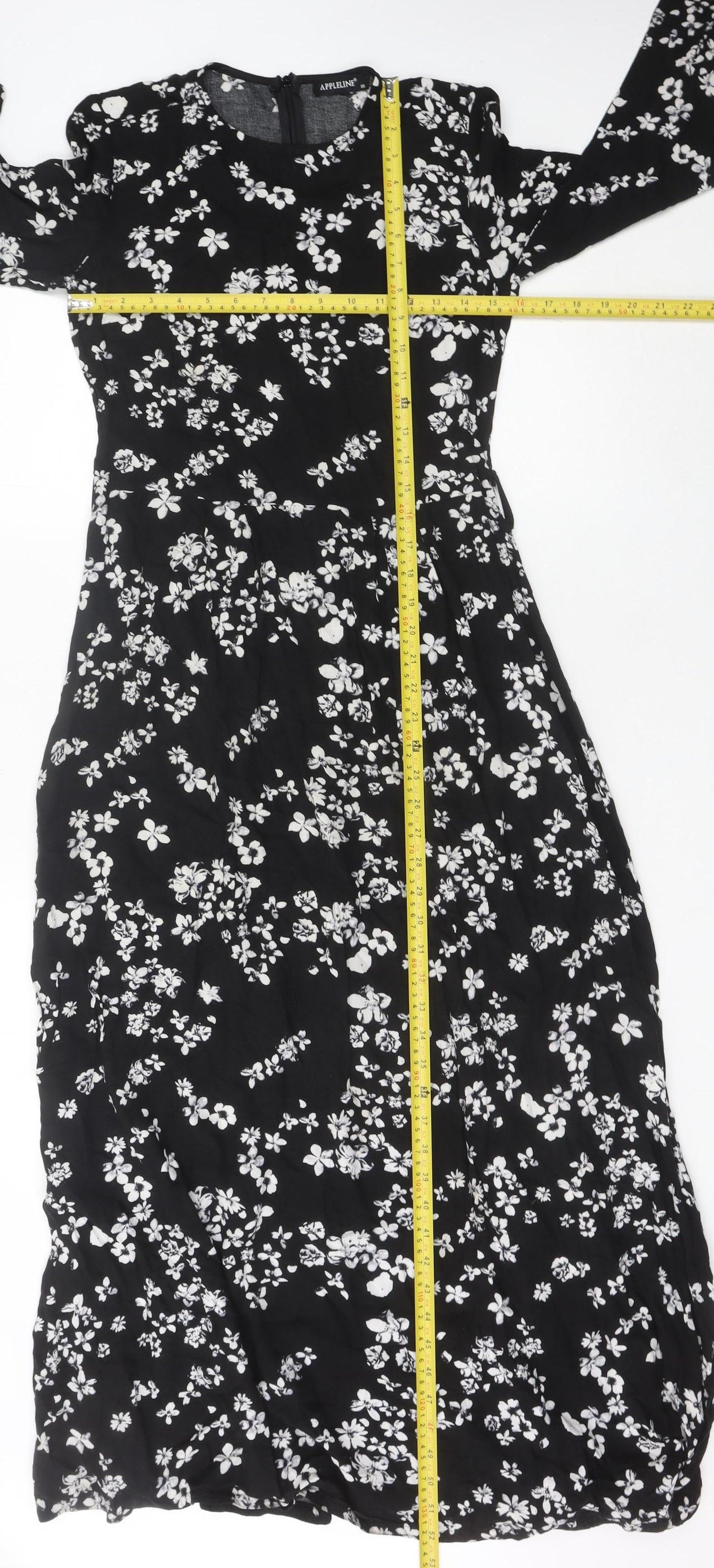 APPLELINE Women's Black Floral Midi A-Line Dress Size 8 Viscose