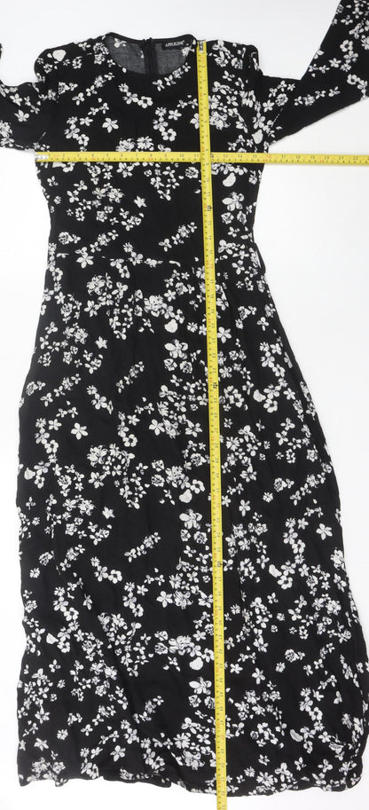 APPLELINE Women's Black Floral Midi A-Line Dress Size 8 Viscose