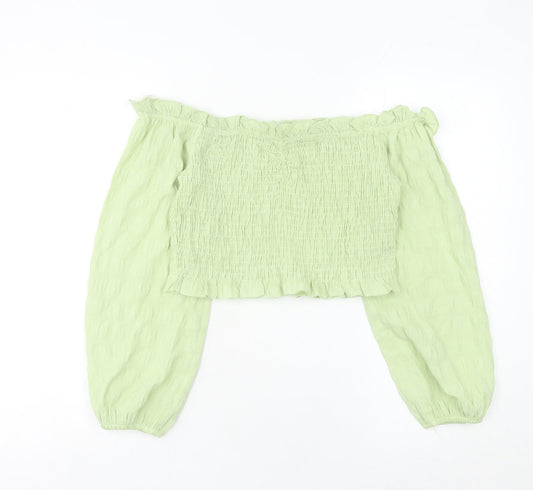 Bershka Women’s Green Off Shoulder Cropped Blouse Size 12 Summer