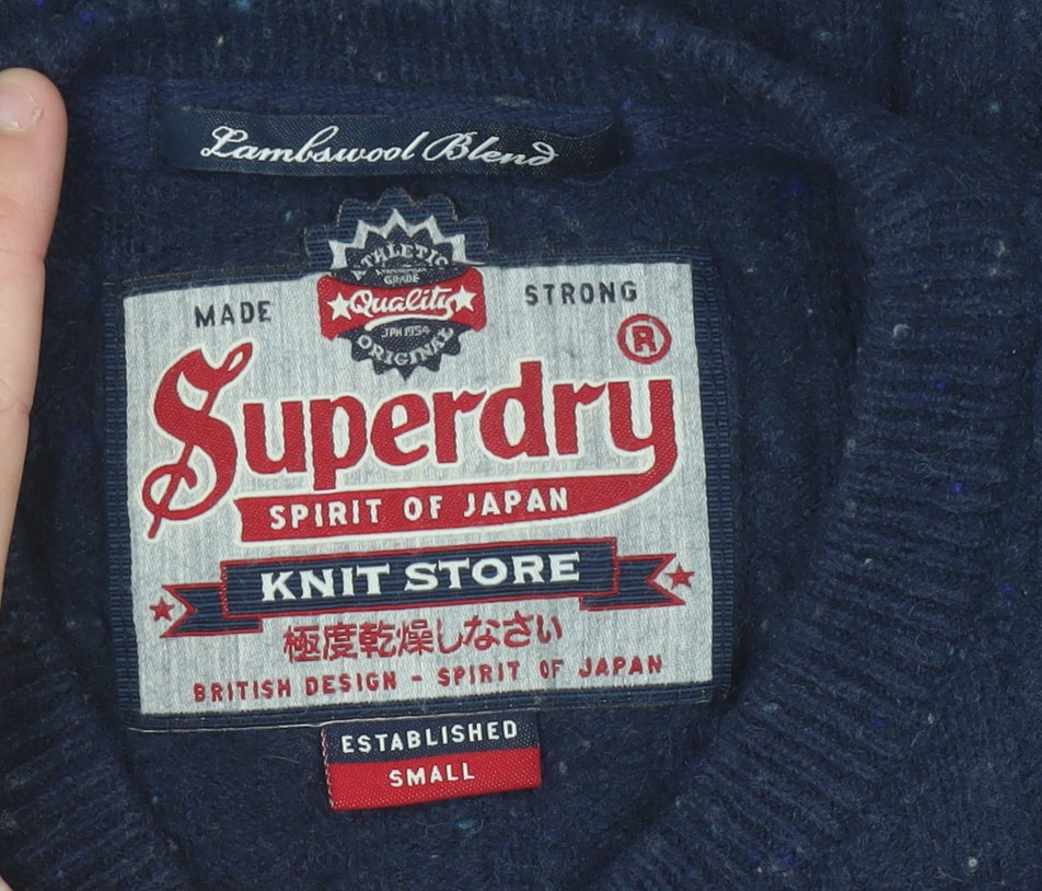 Superdry Men's Blue Cable-Knit Lambswool Jumper Small Regular