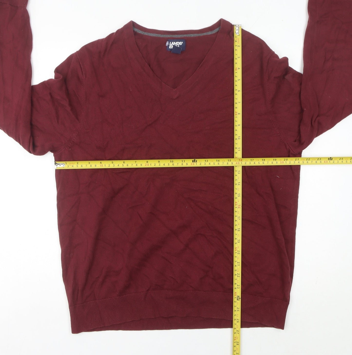 Lands' End Men's Red Cotton V-Neck Pullover Jumper Size L Regular Fit