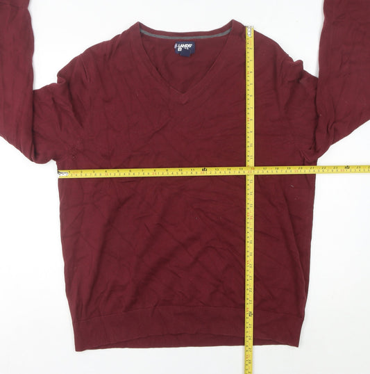 Lands' End Men's Red Cotton V-Neck Pullover Jumper Size L Regular Fit