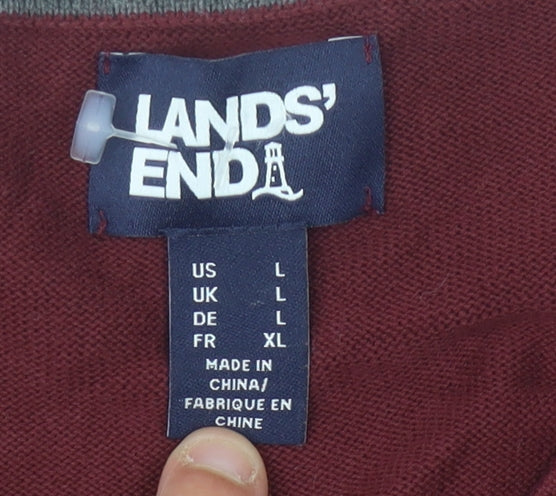 Lands' End Men's Red Cotton V-Neck Pullover Jumper Size L Regular Fit