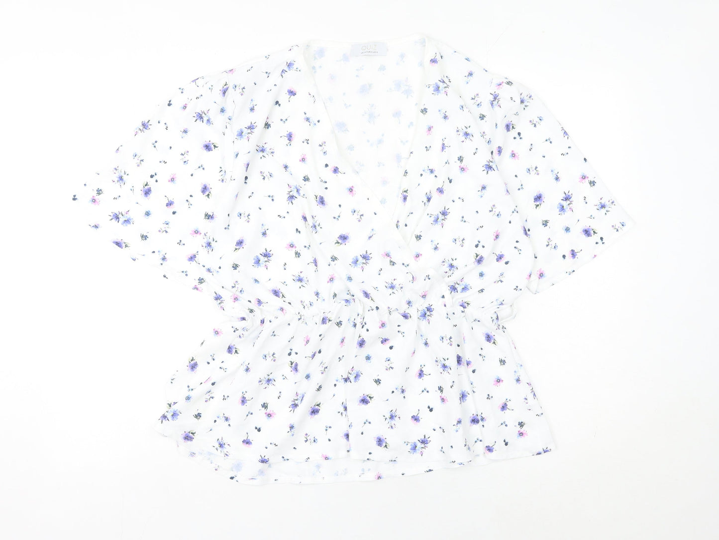 Quiz Women's White Floral Wrap Blouse UK 14 Short Sleeve Chiffon