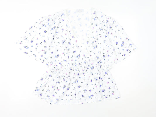 Quiz Women's White Floral Wrap Blouse UK 14 Short Sleeve Chiffon
