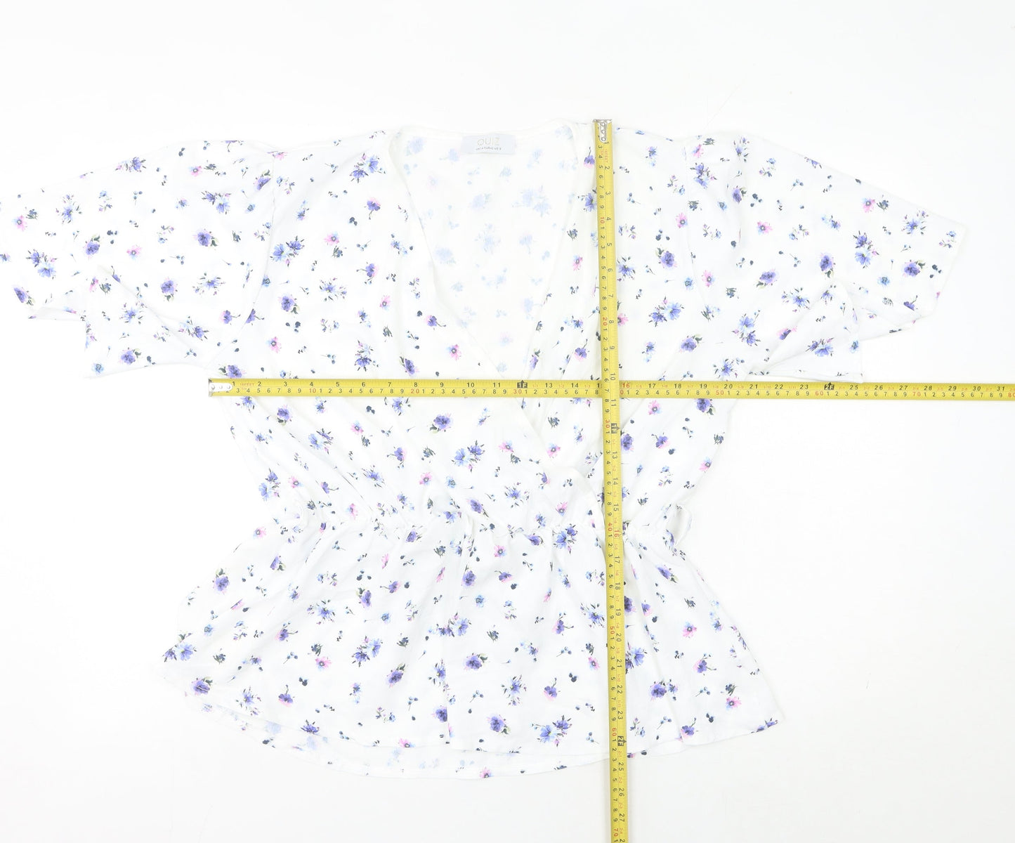 Quiz Women's White Floral Wrap Blouse UK 14 Short Sleeve Chiffon