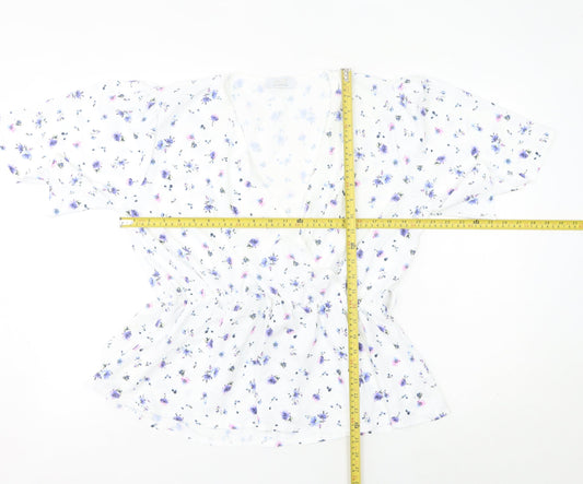 Quiz Women's White Floral Wrap Blouse UK 14 Short Sleeve Chiffon