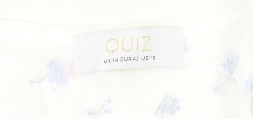 Quiz Women's White Floral Wrap Blouse UK 14 Short Sleeve Chiffon