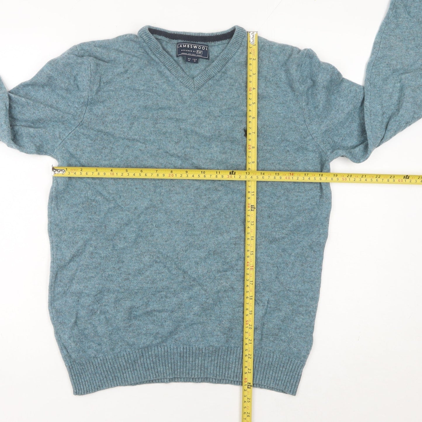 F&F Men’s Blue Lambswool V-Neck Jumper M Regular Fit Autumn Winter