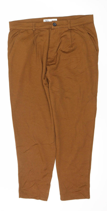 Zara Women’s Brown Linen Blend Tapered Chino Trousers L