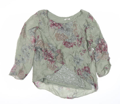 Viola Borghi Womens Green Floral Chiffon Blouse M Long Sleeve Sequin Detail