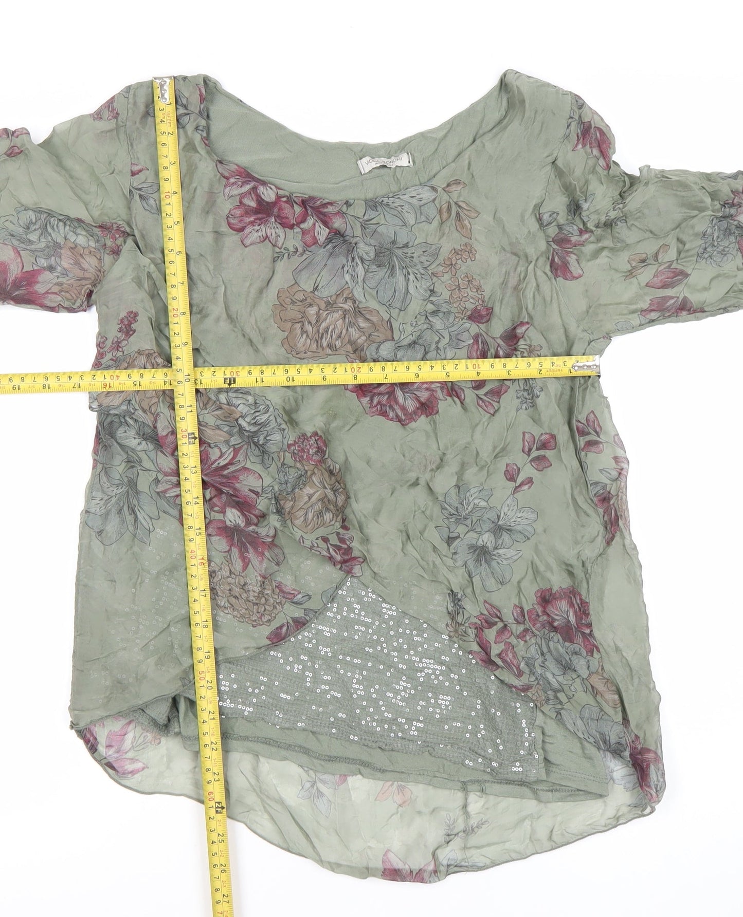 Viola Borghi Womens Green Floral Chiffon Blouse M Long Sleeve Sequin Detail