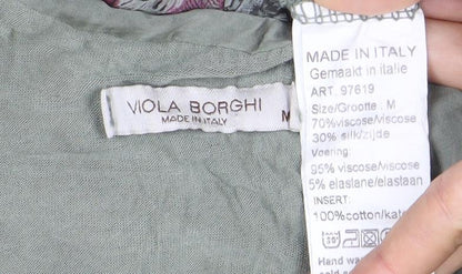 Viola Borghi Womens Green Floral Chiffon Blouse M Long Sleeve Sequin Detail