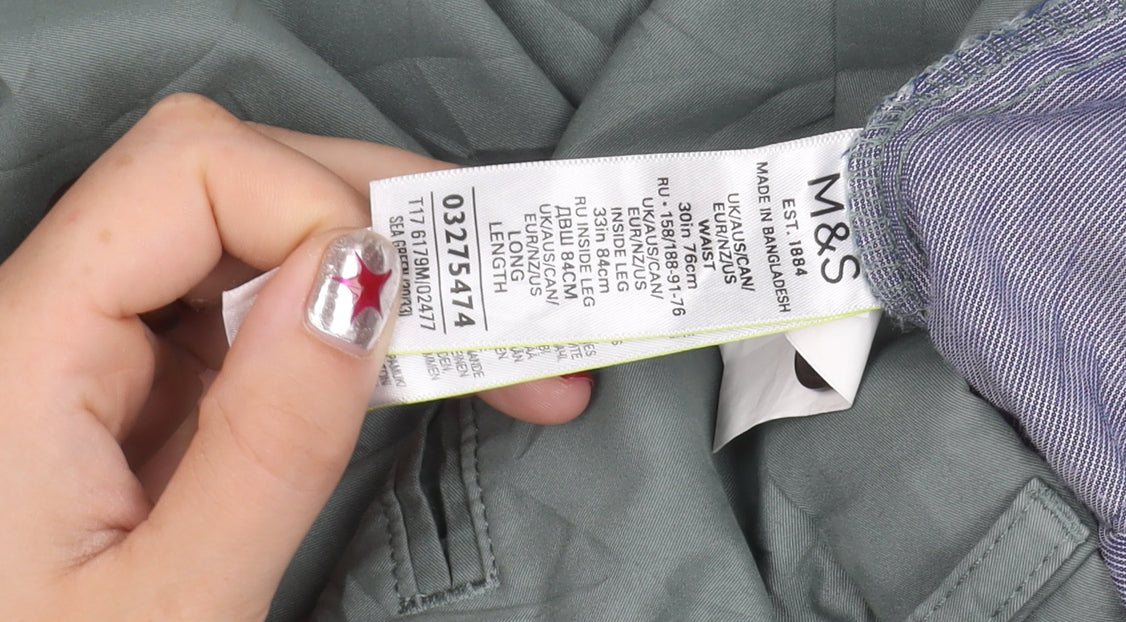 Marks and Spencer Men's Green Slim Fit Chino Trousers 30W 33L