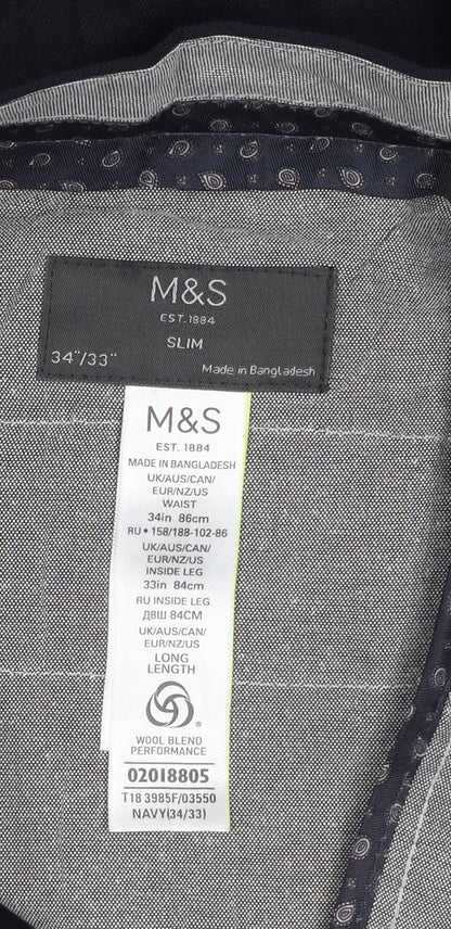 Marks and Spencer Men's Navy Slim Fit Wool Blend Dress Pants 34x33