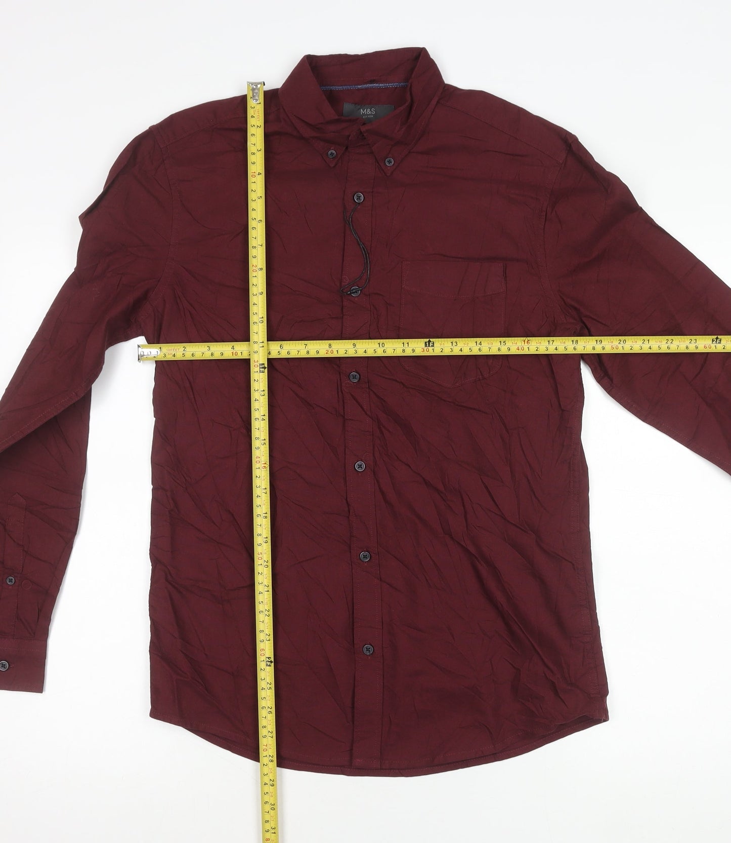 Marks and Spencer Men's Red Long Sleeve Cotton Oxford Shirt S
