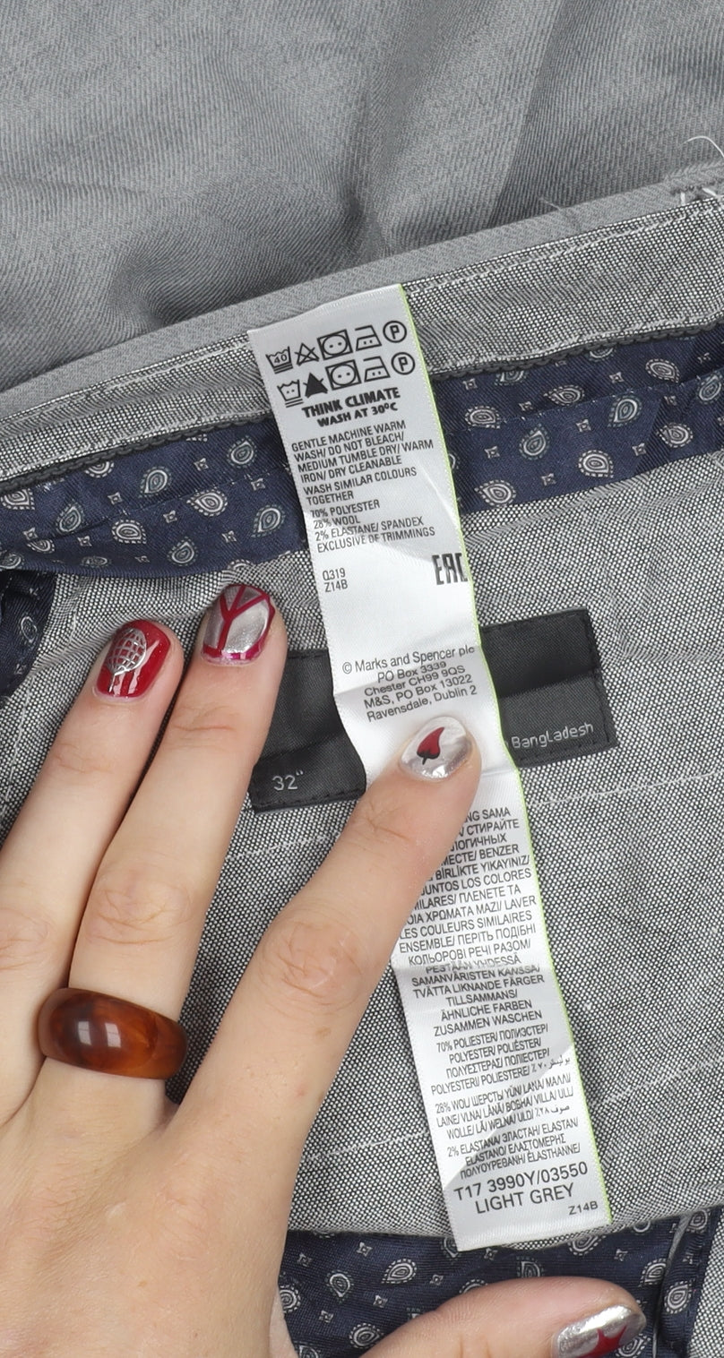 Marks and Spencer Mens Grey Wool Blend Regular Fit Dress Trousers 32x33