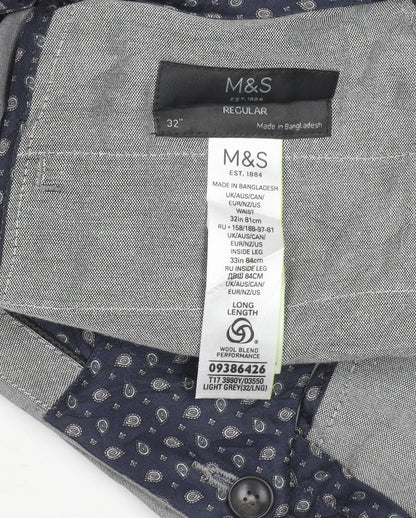 Marks and Spencer Mens Grey Wool Blend Regular Fit Dress Trousers 32x33