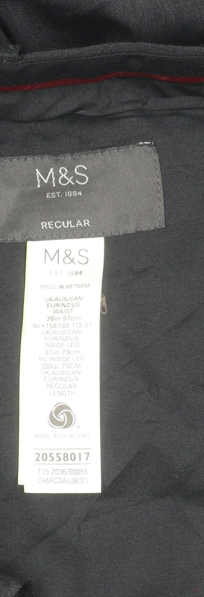 Marks and Spencer Men's Black 38in Wool Blend Regular Fit Dress Trousers