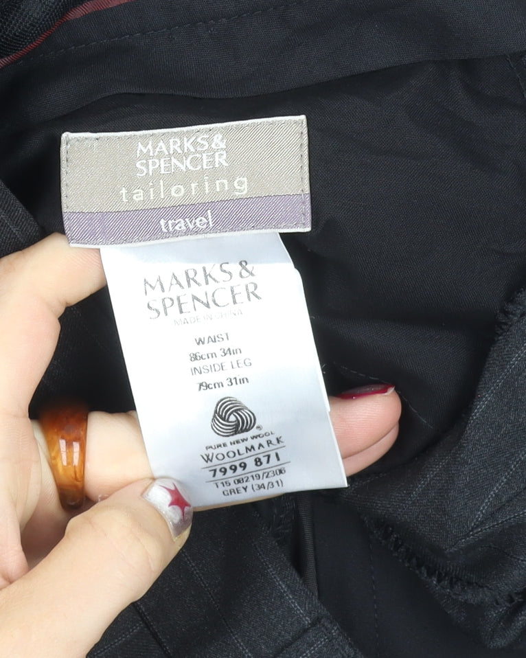 Marks and Spencer Men's Grey Pinstripe Wool Dress Trousers 34W 31L