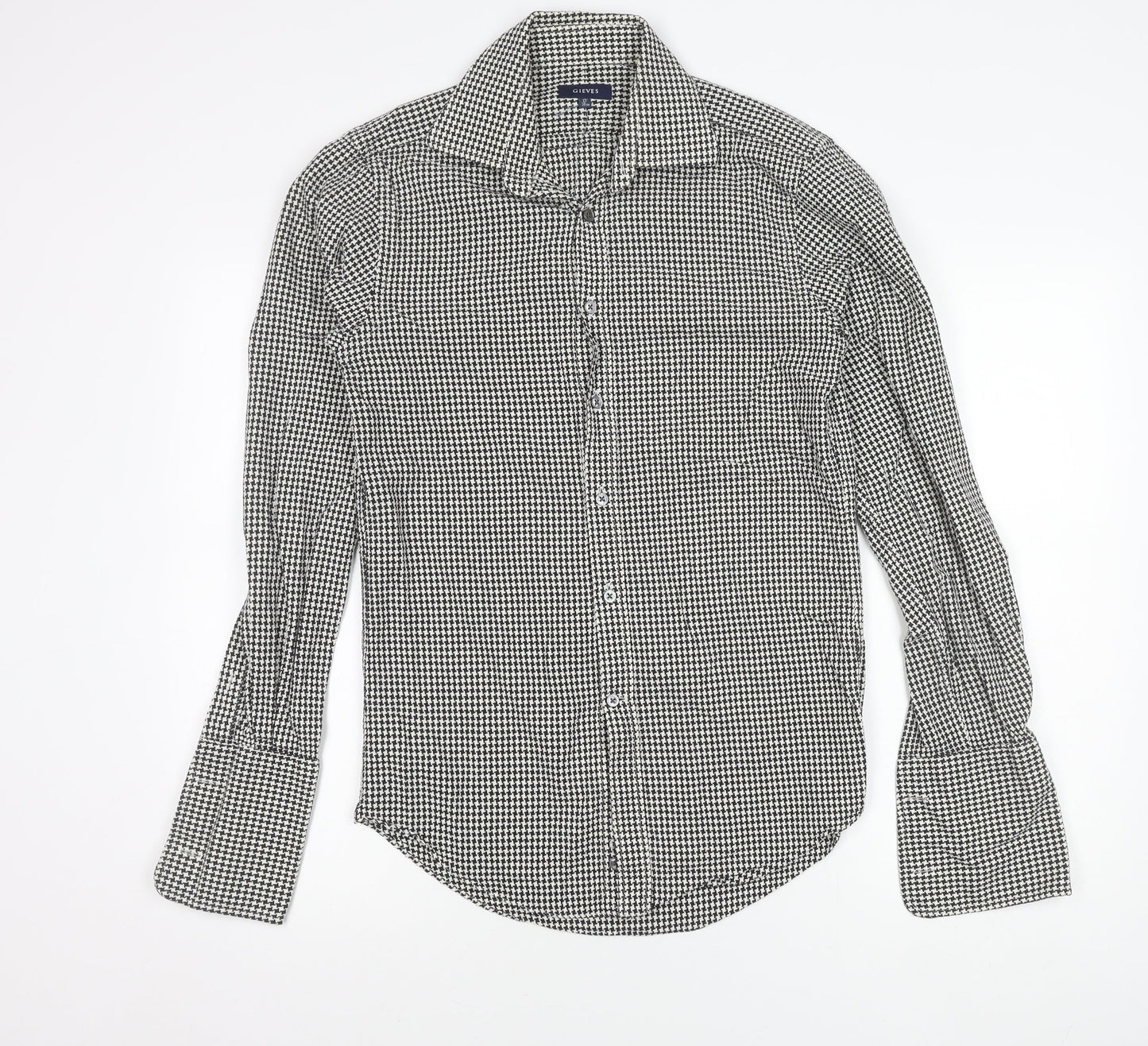 Gieves Men’s Black Houndstooth Cotton Long Sleeve Button-Up Shirt 15