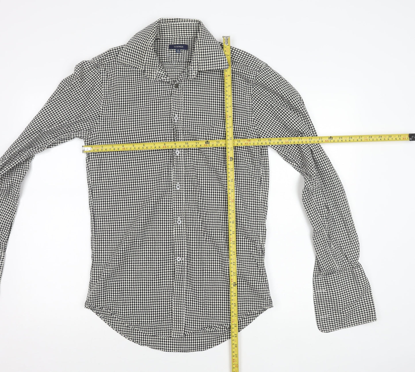 Gieves Men’s Black Houndstooth Cotton Long Sleeve Button-Up Shirt 15